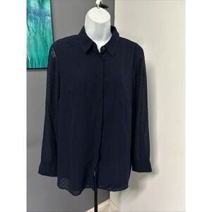 Talbots Blouse Womens LP Navy Blue Swiss Dot Button Front Long Sleeve Coquette‎